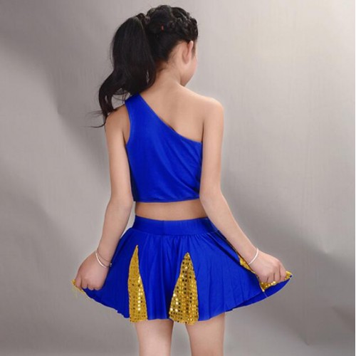 Girls cheerleader Aerobics performance hiphop children blue gold  gyms fitness exercises competition costumes